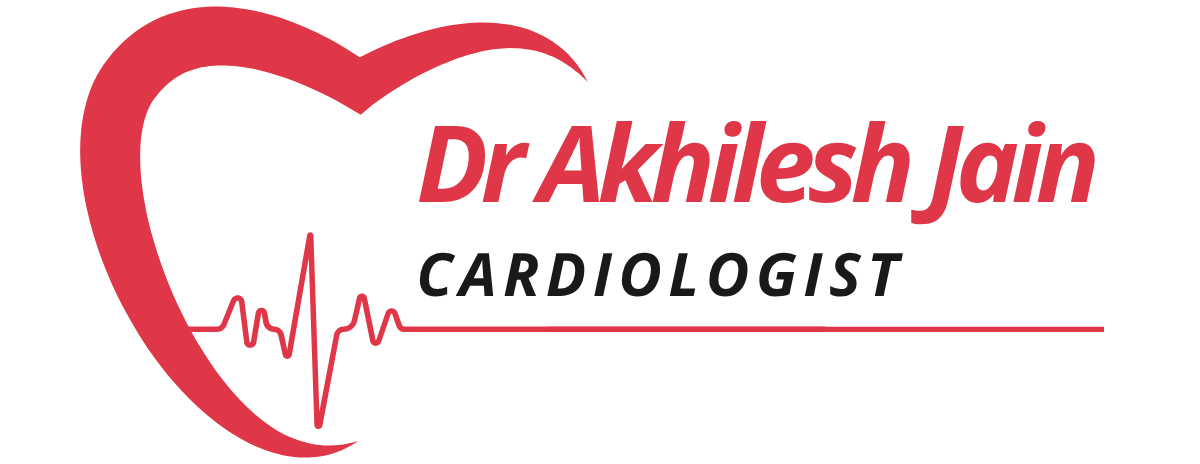 Logo of Dr. Akhilesh Jain – the Best Cardiologist in Indore, featuring a red heart, medical cross, and heartbeat line symbolizing advanced cardiac care.