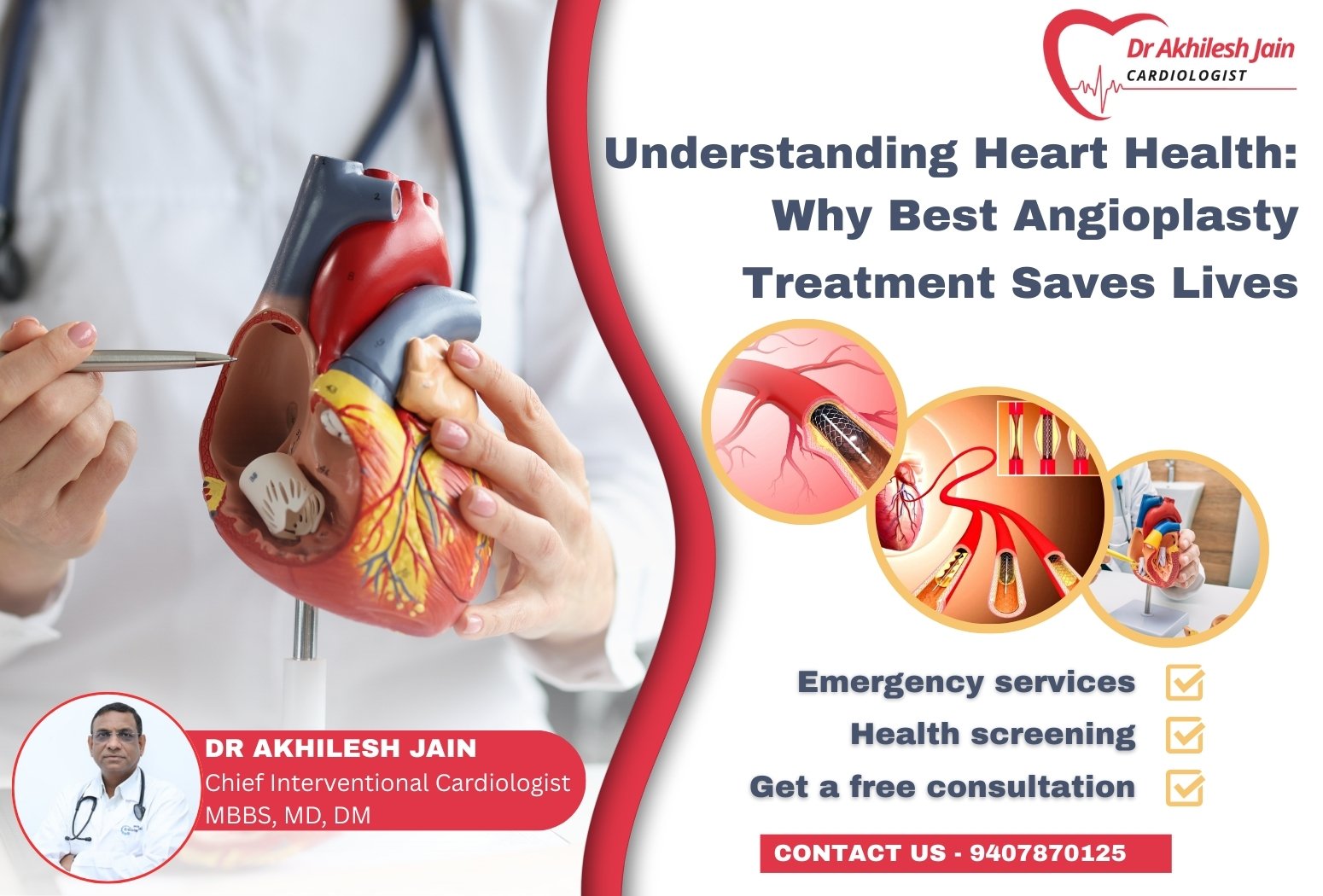Doctor explaining a heart model while highlighting the importance of angioplasty treatment for blocked heart arteries