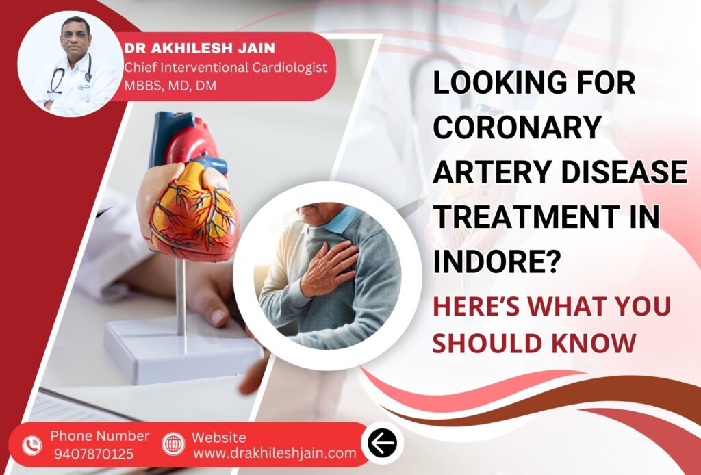 Dr. Akhilesh Jain explaining coronary artery disease treatment in Indore with a heart model and patient awareness graphic.