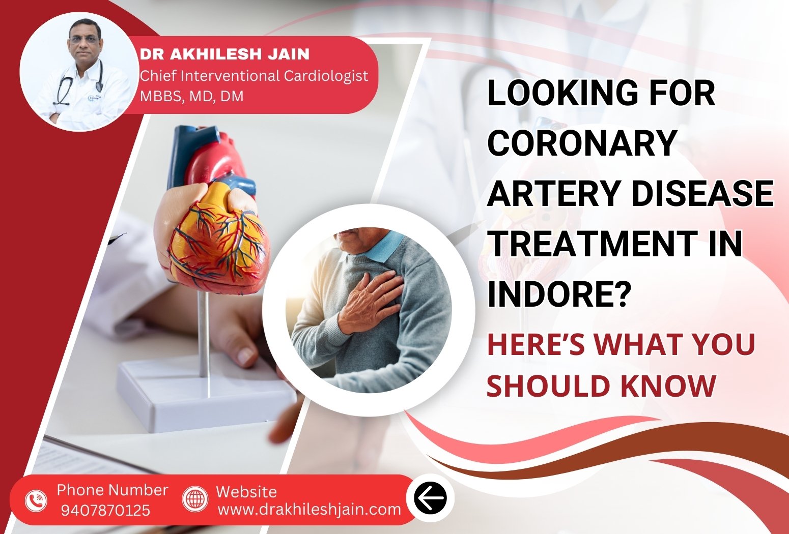 Dr. Akhilesh Jain explaining coronary artery disease treatment in Indore with a heart model and patient awareness graphic.