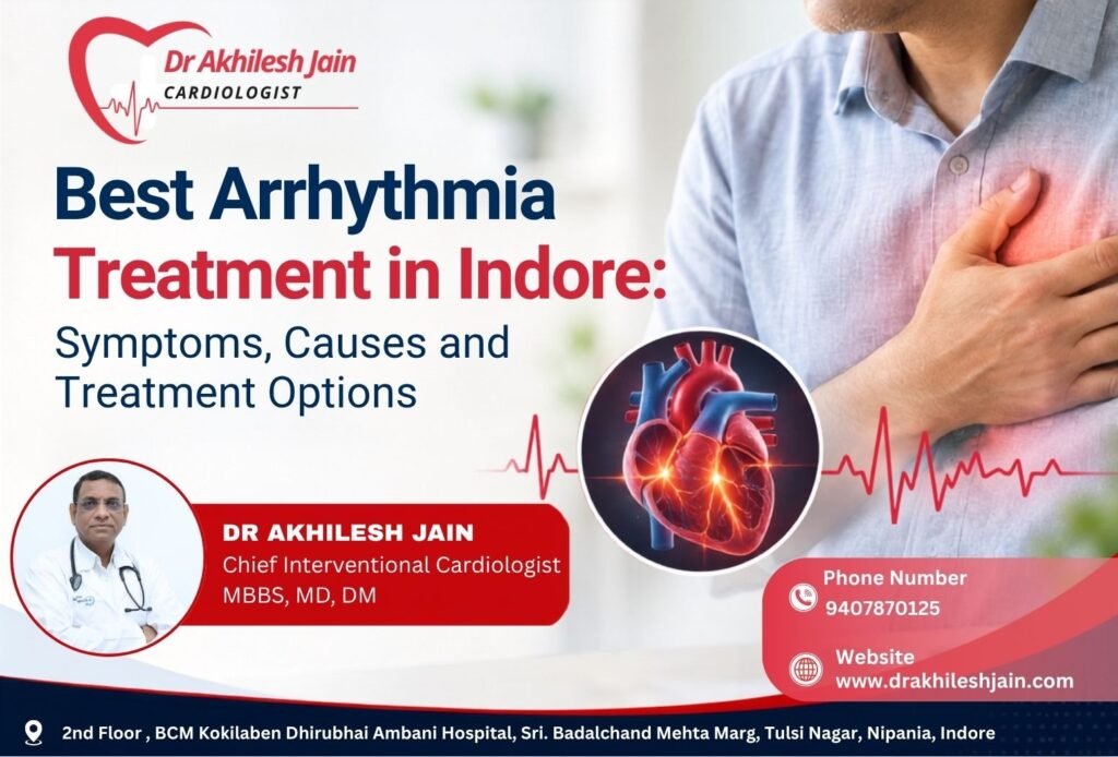 Dr. Akhilesh Jain cardiologist infographic about the best arrhythmia treatment in Indore, covering symptoms, causes, and treatment options.